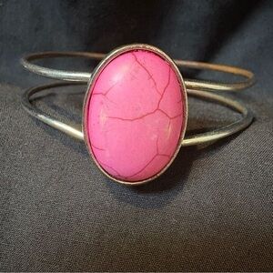 Vibrant Pink Stone Silver Cuff Bracelet